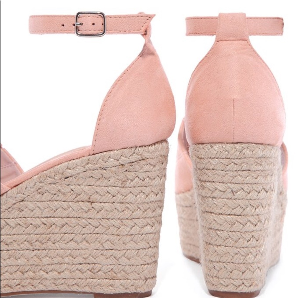 Blush Faux Suede Wedge Peep Toe Espadrille Sandals - Picture 3 of 5